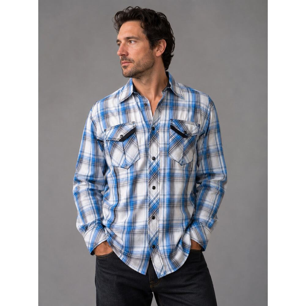 BKE Blue Plaid Western Snap Shirt Medium